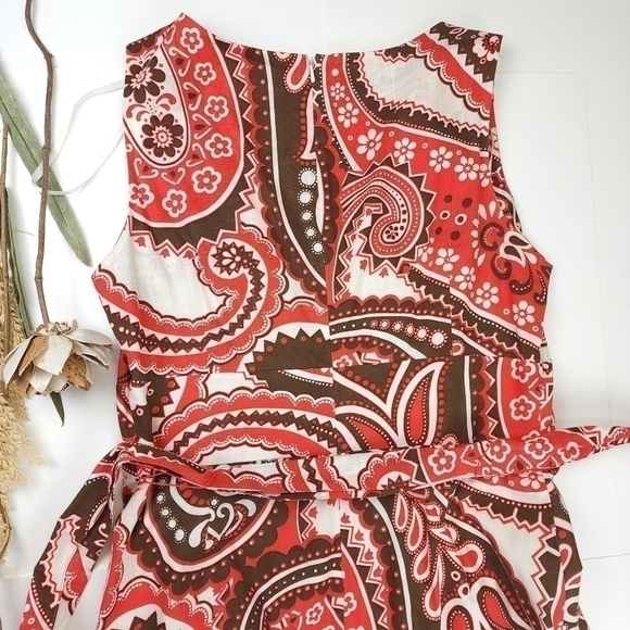 New Talbots Cream Red Brown Patterned Belted Dress Sz 12p - Picture 3 of 16